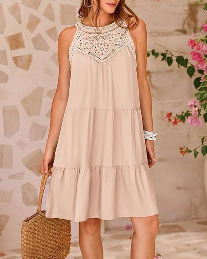 Summer Halterneck A-line Dress With Flower Hollow Lace Design