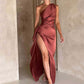 One-shoulder Pleated Split Sexy Satin Dress Elegant Slim-fit Solid Color