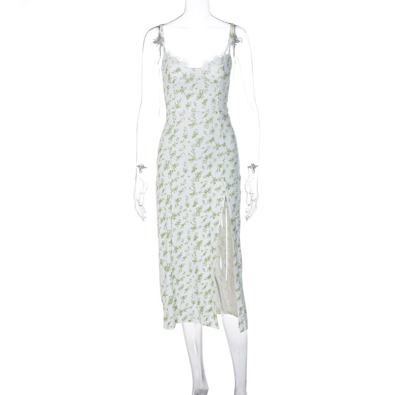 Lace Flowers Print Long Dress Sexy Fashion Slit Suspender Dress