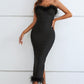 Feather Trim Strapless Sweetheart Neck Dress