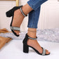 Rhinestone High Heel Sandals Summer Chunky Square Heel Sandals