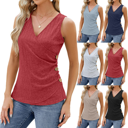 Fashion Vest With Button Design New Sleeveless V-neck T-shirt