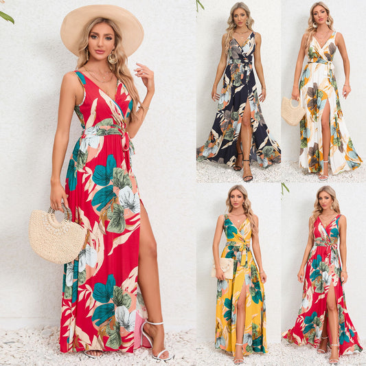 V-neck Floral Print Long Dress