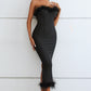 Feather Trim Strapless Sweetheart Neck Dress