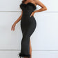 Feather Trim Strapless Sweetheart Neck Dress