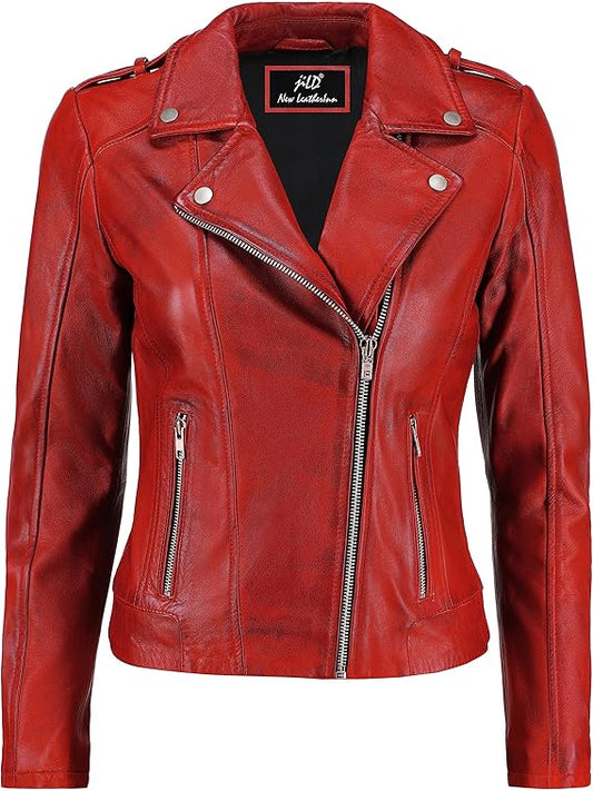 Jild Biker Style Vintage Leather Jacket Women