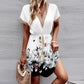 Printed Short Sleeve Lace V-neck Tight Waist Dress