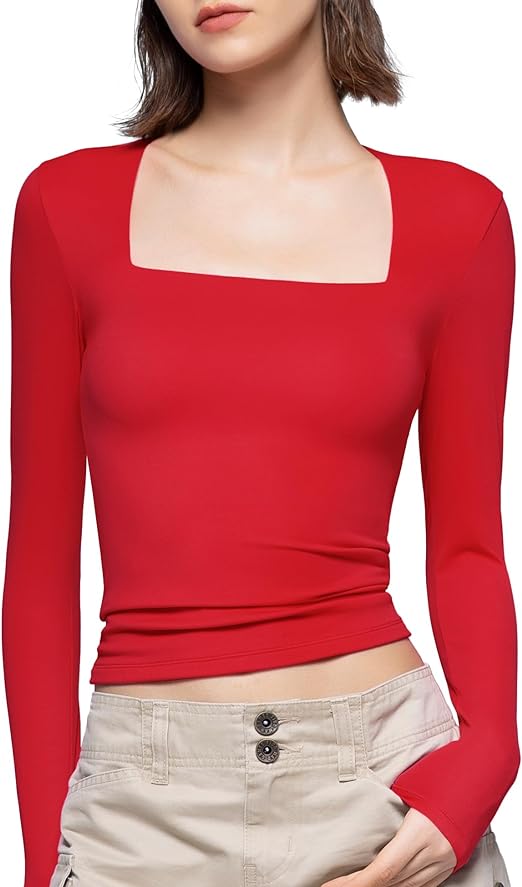 PUMIEY Women's Square Neck Long Sleeve T Shirts