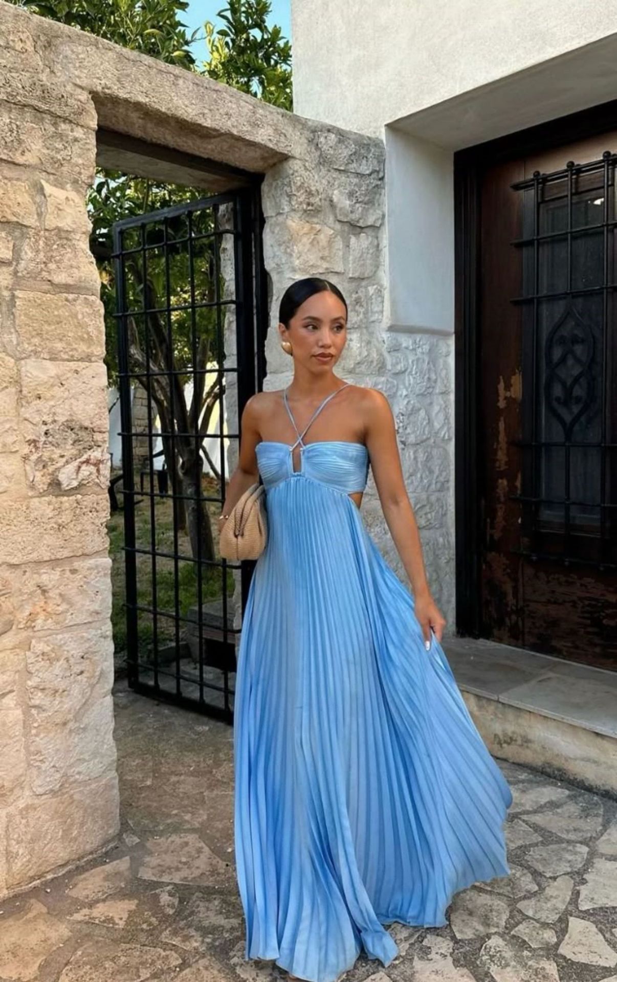Ins Pleated Sleeveless Sling Dress Hollow High Waist Halter Robe Dresses