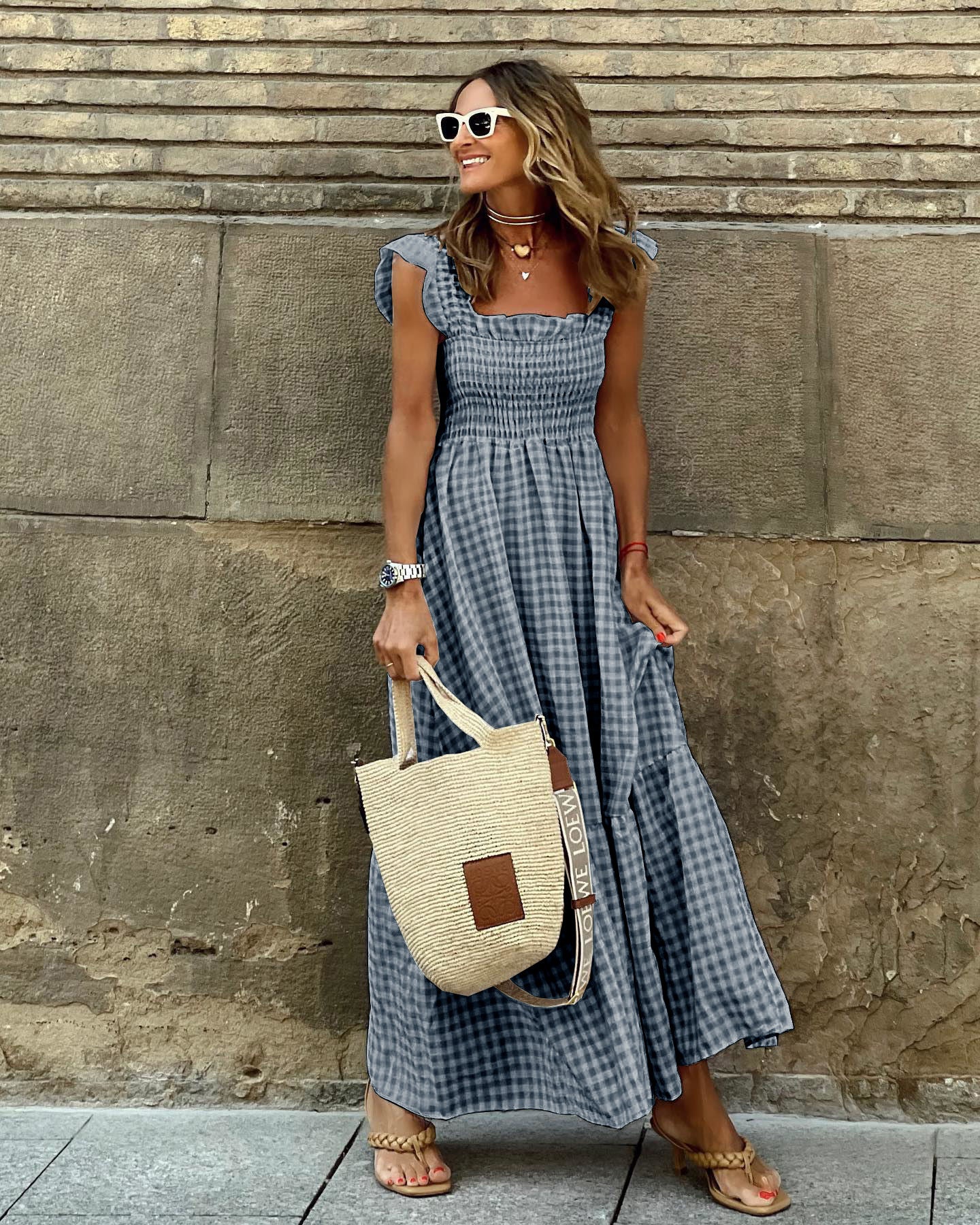 Summer Plaid Print Pleated Ruffle Dress