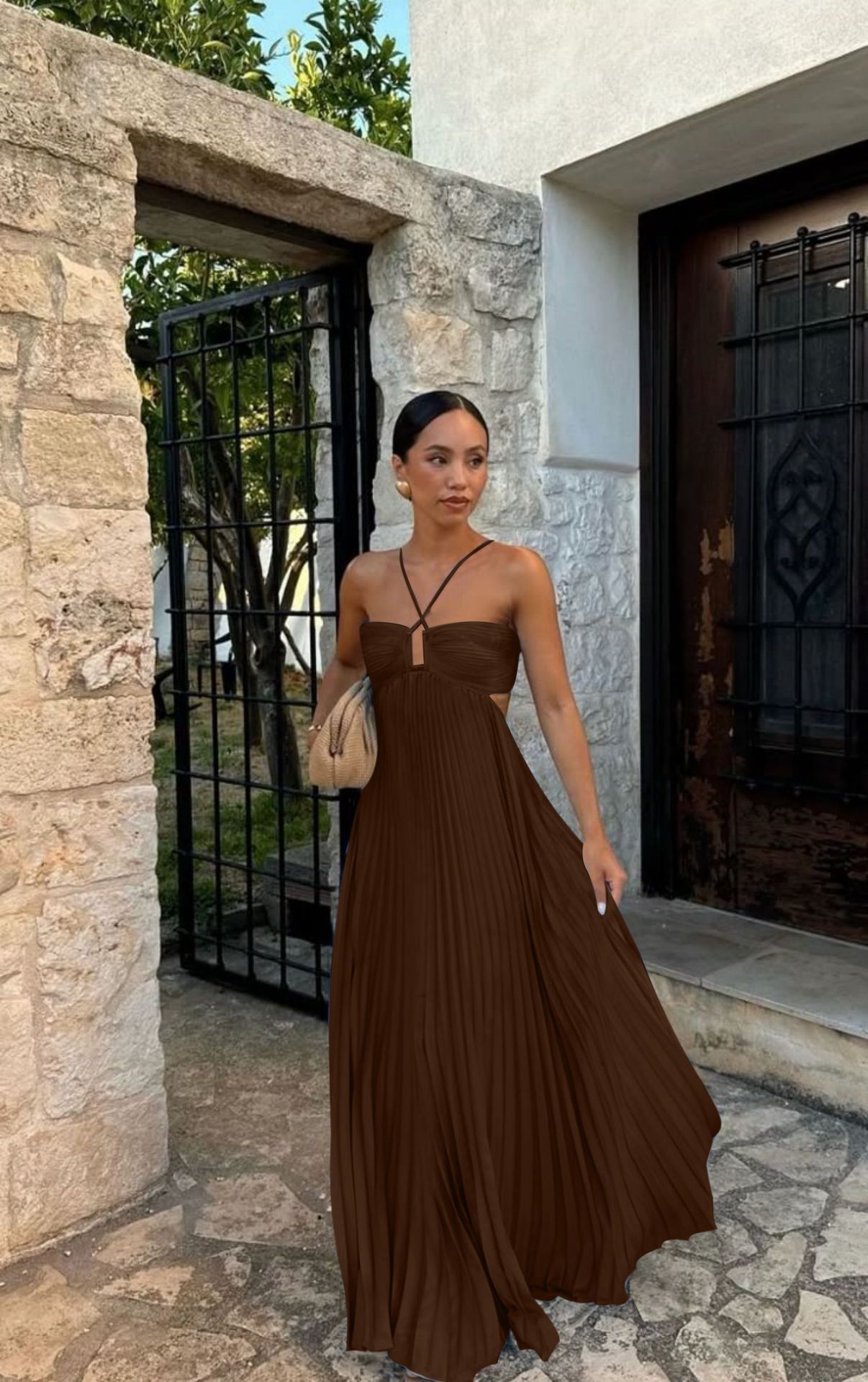 Ins Pleated Sleeveless Sling Dress Hollow High Waist Halter Robe Dresses
