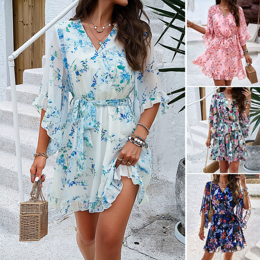 Summer Floral Print Short Sleeves Dress Lace Up