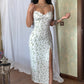 Lace Flowers Print Long Dress Sexy Fashion Slit Suspender Dress