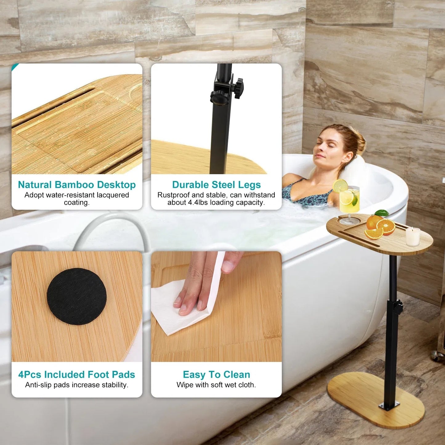 Bath Tub Tray Table, Liftable Freestanding Bamboo Bath Tray Caddy