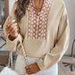 Perfee Printed Notched Long Sleeve Blouse