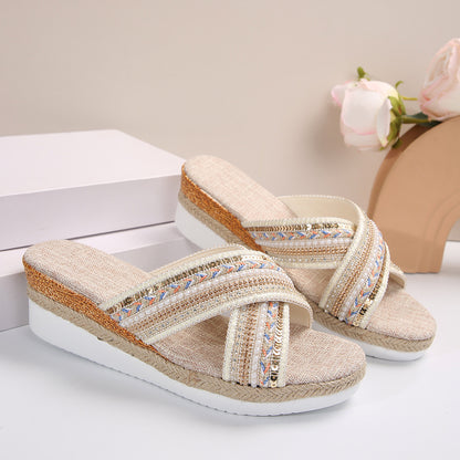 Linen Wedge Sandals Summer Ethnic Style Cross-strap Sandals