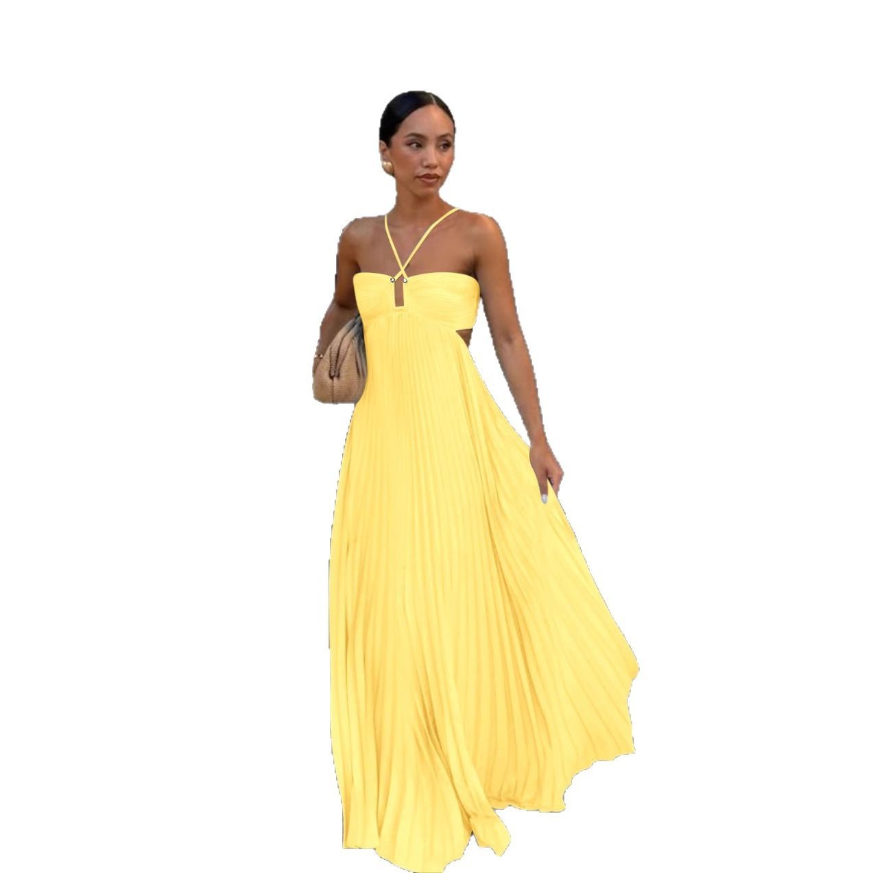 Ins Pleated Sleeveless Sling Dress Hollow High Waist Halter Robe Dresses