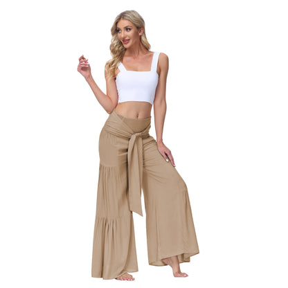 Stylish Lace-up Elastic-waist Pleated Wide-leg Pants Casual Slacks