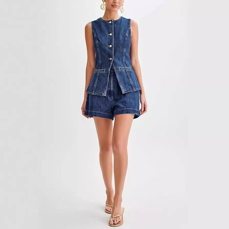Fashion Denim Suit Summer Casual Sleeveless Button Vest Top
