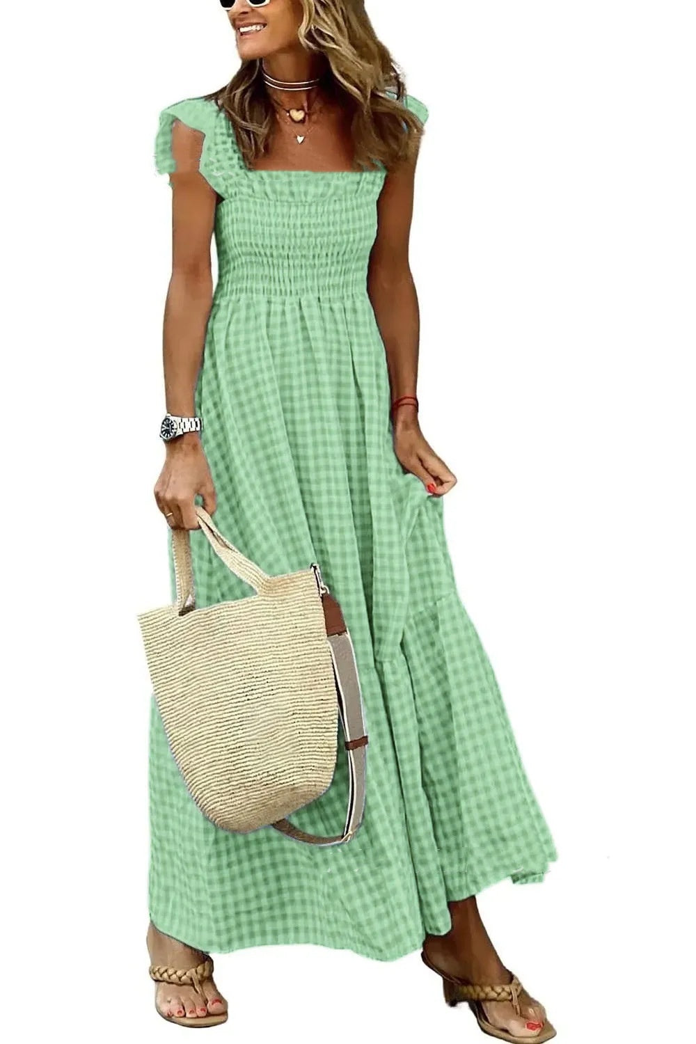 Summer Plaid Print Pleated Ruffle Dress