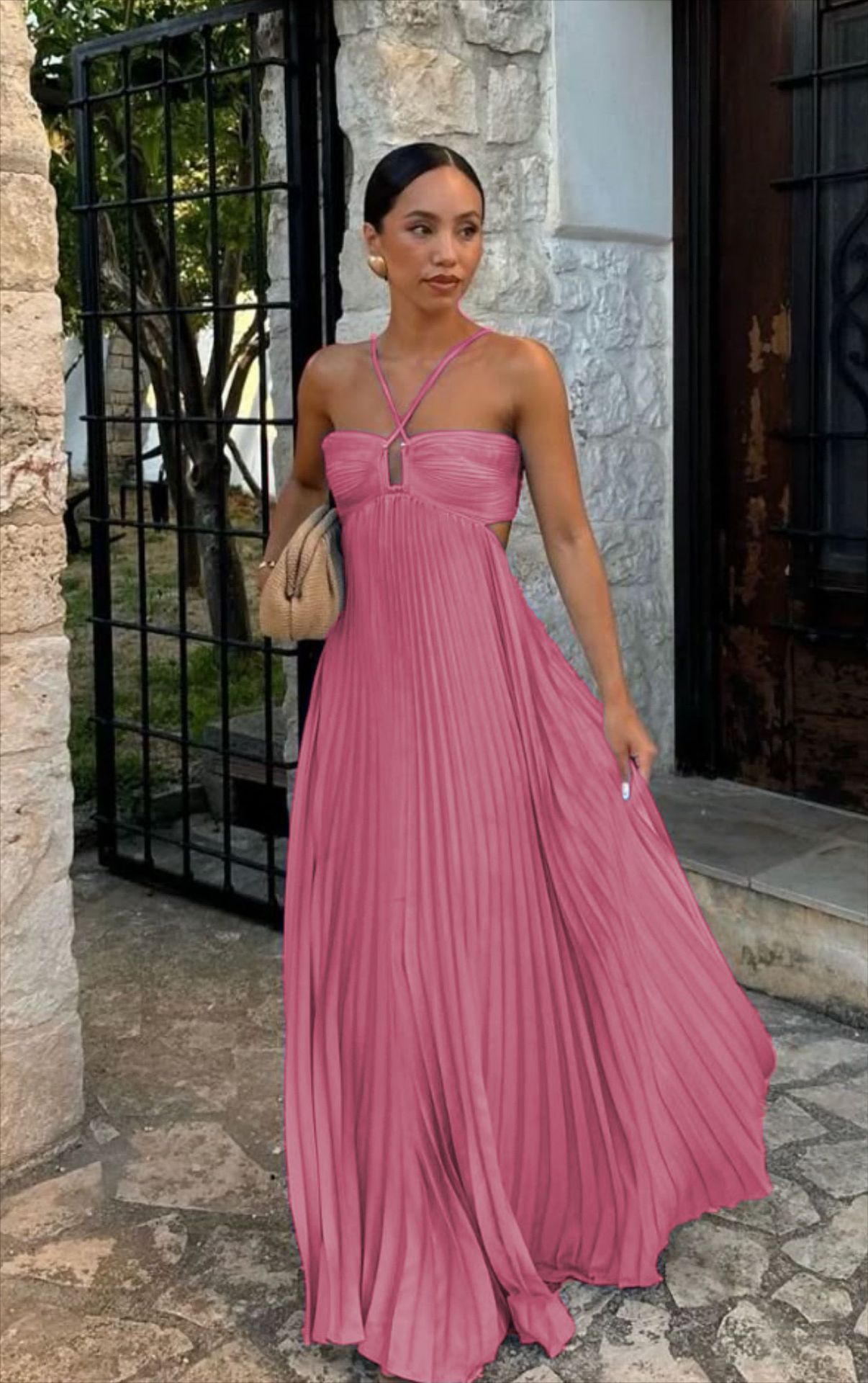 Ins Pleated Sleeveless Sling Dress Hollow High Waist Halter Robe Dresses