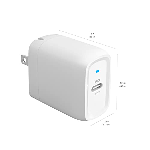 Amazon Basics 30W One-Port GaN USB-C Wall Charger with Power Delivery PD for Tablets & Phones (iPhone 14/13/12/11/X,iPad,Samsung)-White (non-PPS)
