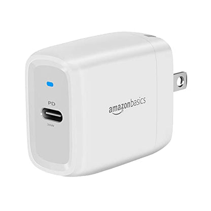 Amazon Basics 30W One-Port GaN USB-C Wall Charger with Power Delivery PD for Tablets & Phones (iPhone 14/13/12/11/X,iPad,Samsung)-White (non-PPS)