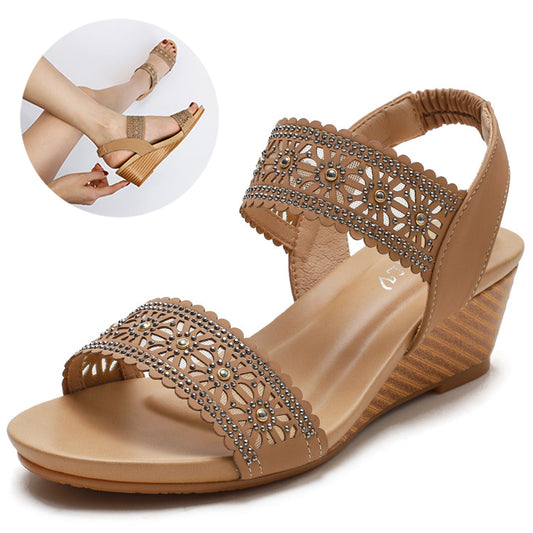 Flower Hollow Out Sandals With Rhinestones Wedges Shoes Women