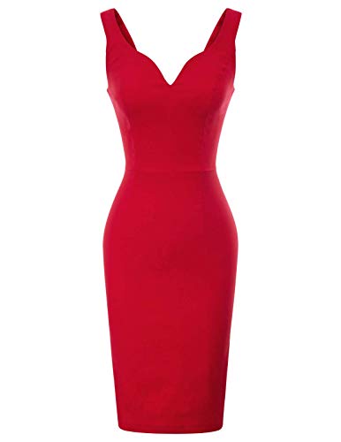 GRACE KARIN Women's Stretchy Pencil Dress Cocktail Party V Neck Business Dress Red S