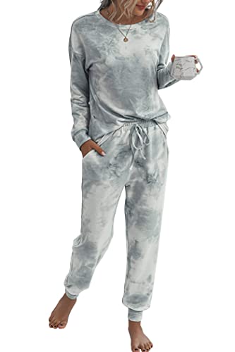 PRETTYGARDEN Women's Tie Dye Two Piece Tracksuit Set Long Sleeve Sweatshirt with Long Pants (Grey,X-Large)