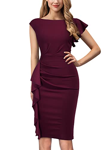 AISIZE Women's Pinup Vintage Ruffle Sleeves Cocktail Party Pencil Dress Small Burgundy
