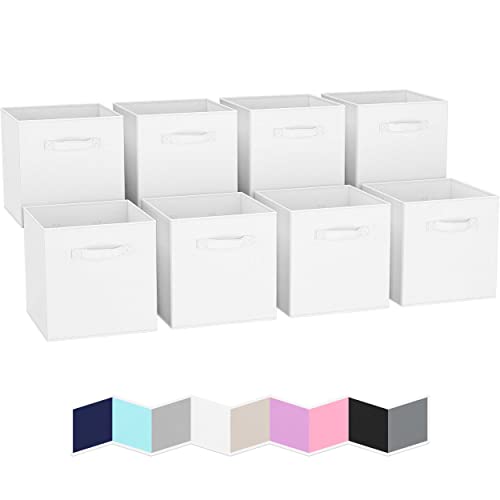 Storage Cubes - 11 Inch Cube Storage Bins (Set of 8). Fabric Cubby Organizer Baskets with Dual Handles | Foldable Closet Shelf Organization Boxes (White)