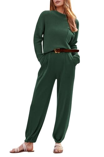 PRETTYGARDEN Women's 2 Piece Tracksuit Outfit Long Sleeve Pullover Top High Waisted Sweatpants with Pockets (Dark Green,Small)