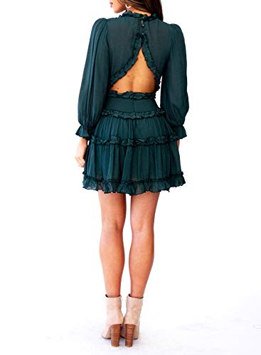 Dokotoo Women Dresses Cute Spring Boho Fall Casual Sexy Deep V Neck Ruffle Chiffon Lantern Long Sleeve Elegant Floral Printed Hawaiian Flowy Mini Short Skirt Dresses for Women Party 2022 X-Large