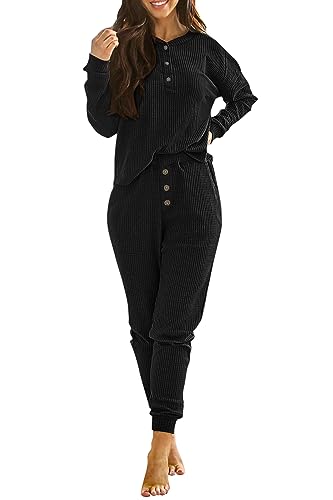 PRETTYGARDEN Women's 2 Piece Waffle Knit Lounge Outfit Long Sleeve Henley Top and Sweatpants Set Tracksuit