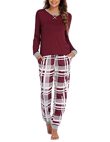 Ekouaer Women's Long Sleeve Pj Soft Crew Neck Pajama Long Sleeve Sweatshirt with Long Pants Red Plaid,Medium