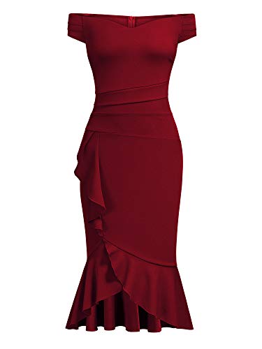 Knitee Women's Off Shoulder V-Neck Ruffle Pleat Waist Bodycon Evening Cocktail Slit Formal Dress (Dark Green, Small)