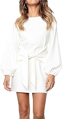 PRETTYGARDEN Women’s Elegant Long Lantern Sleeve Short Dress Crewneck Tie Waist Knit Cocktail Dress Dark Green