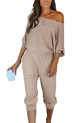 PRETTYGARDEN Women's 2 Piece Ribbed Tracksuit Outfits Off Shoulder Long Sleeve Pullover Lounge Pants with Pockets