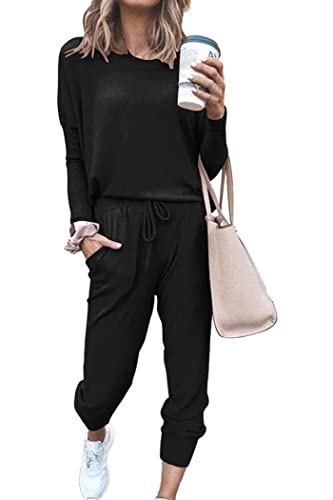 PRETTYGARDEN Women's 2023 Fall Two Piece Outfit Long Sleeve Crewneck Pullover Tops And Long Pants Tracksuit (Black,X-Large)