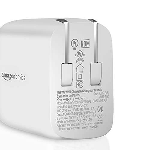 Amazon Basics 30W One-Port GaN USB-C Wall Charger with Power Delivery PD for Tablets & Phones (iPhone 14/13/12/11/X,iPad,Samsung)-White (non-PPS)