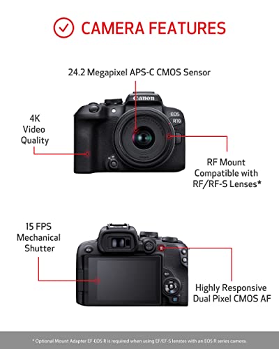 Canon EOS R10 RF-S18-45mm F4.5-6.3 is STM Lens Kit, Mirrorless Vlogging Camera, 24.2 MP, 4K Video, DIGIC X Image Processor, High-Speed Shooting, Subject Tracking, Compact, for Content Creators