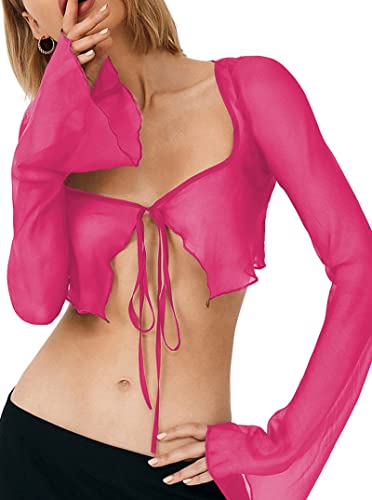 Remidoo Women's Sexy Sheer Mesh Tie Front Crop Top Long Sleeve See Through Cardigan Cover Up Shirt Hot Pink Large