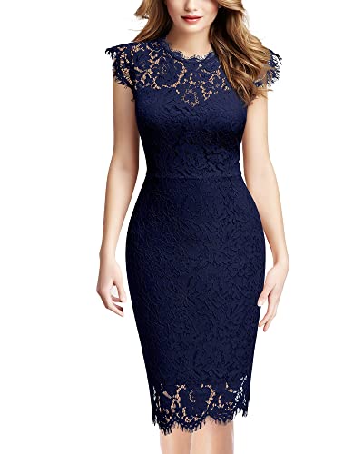 Miusol Women's Retro Floral Lace Slim Evening Cocktail Mini Dress (Small, Navy Blue)