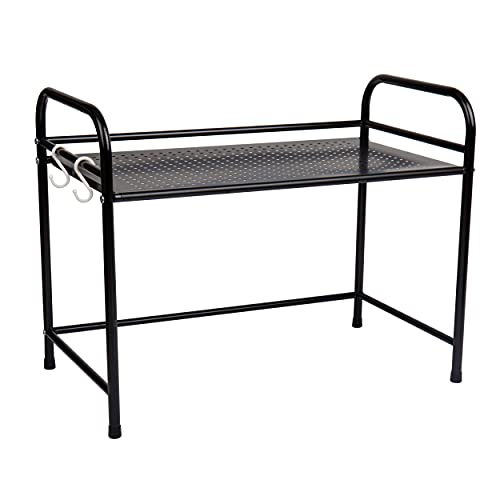 Mind Reader Elevate Collection, Microwave Oven Rack, Utility Shelf for Utensils, Cook Books, Towels, Pot Holders and Accessories, 2 Hooks, Metal, Black