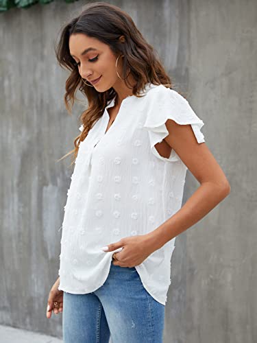 Blooming Jelly Womens White Blouse V Neck Ruffle Sleeve