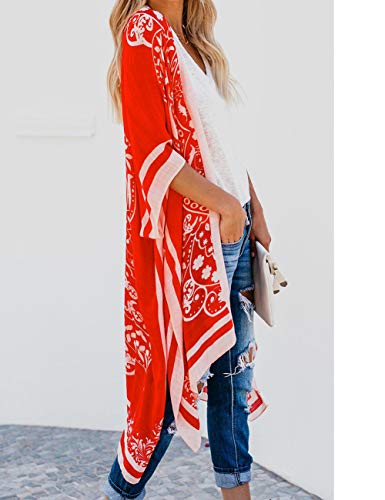 Bsubseach Loose Printed 3/4 Sleeve Kimono Cardigan