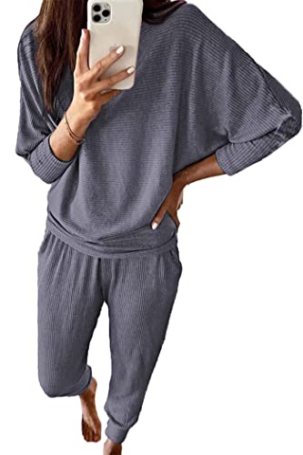 PRETTYGARDEN Women's 2023 Fall Fashion Outfits 2 Piece Sweatsuit Solid Color Long Sleeve Pullover Long Pants (Grey Blue,X-Large)