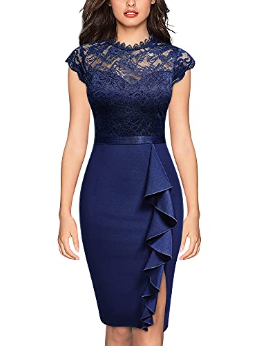 Miusol Women's Retro Floral Lace Ruffle Style Cocktail Mini Dress Navy Blue