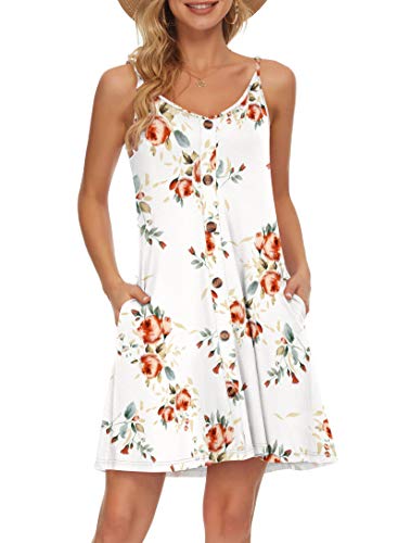 WNEEDU Women Summer Dress Sexy V Neck Button Down Floral Print Swing Mini Tunic Dress with Pockets (XL, Rose White)